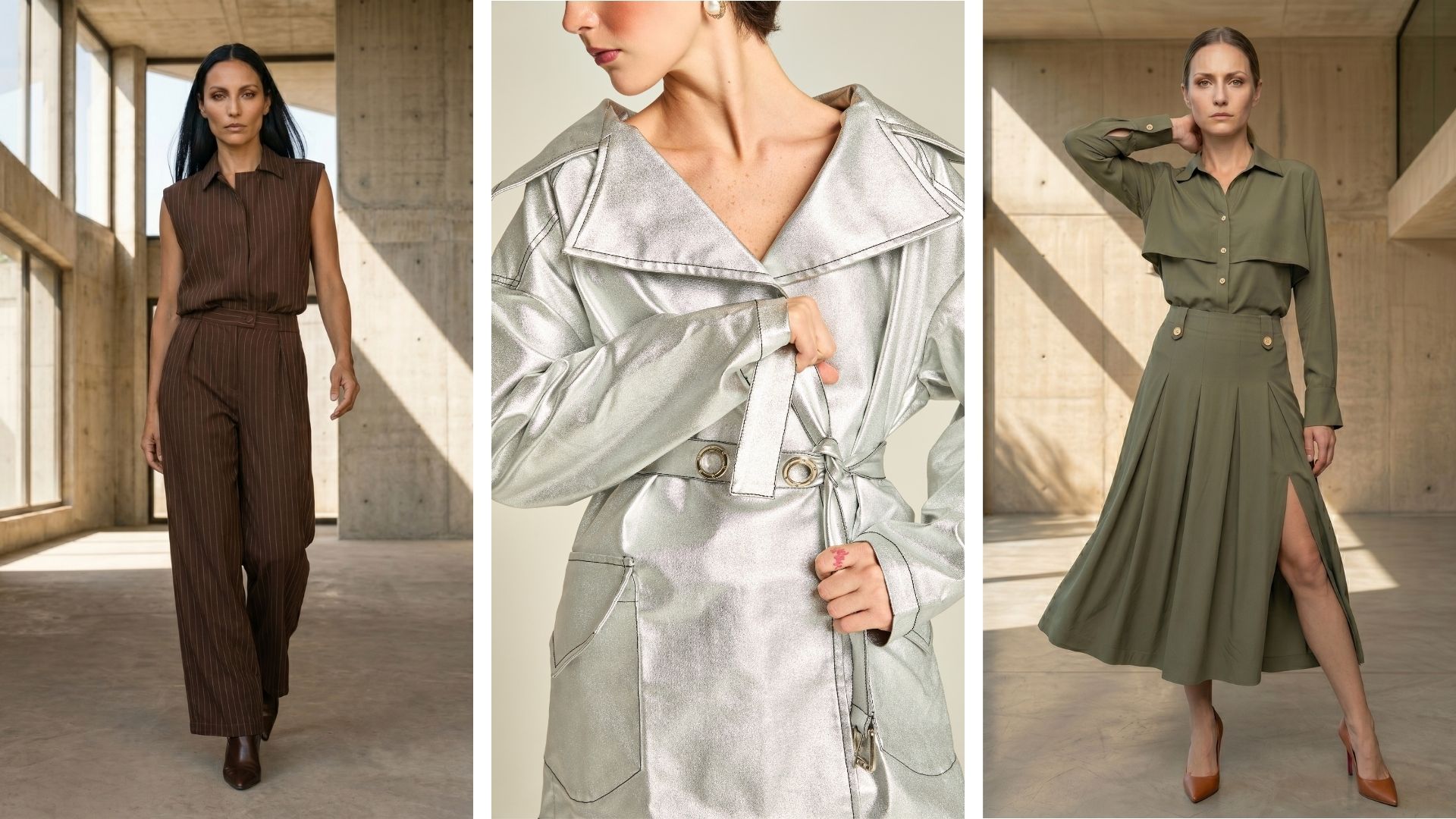 Looks guarda-roupa inteligente Branca Boutique terno marrom risca de giz trench coat prata vestido verde militar guia elegância