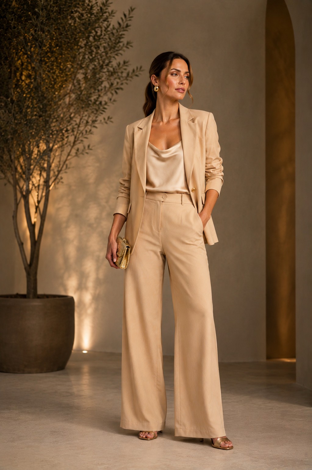 Blazer e calça alfaiataria champagne bege look evento elegante modelo clutch dourada Branca Boutique