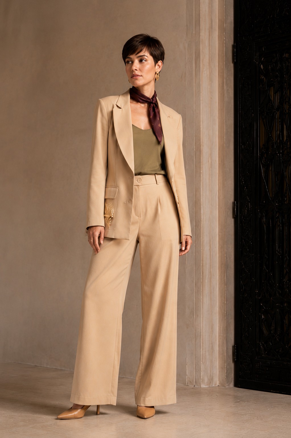 Blazer e calça alfaiataria bege khaki look trabalho escritório modelo lenço Branca Boutique