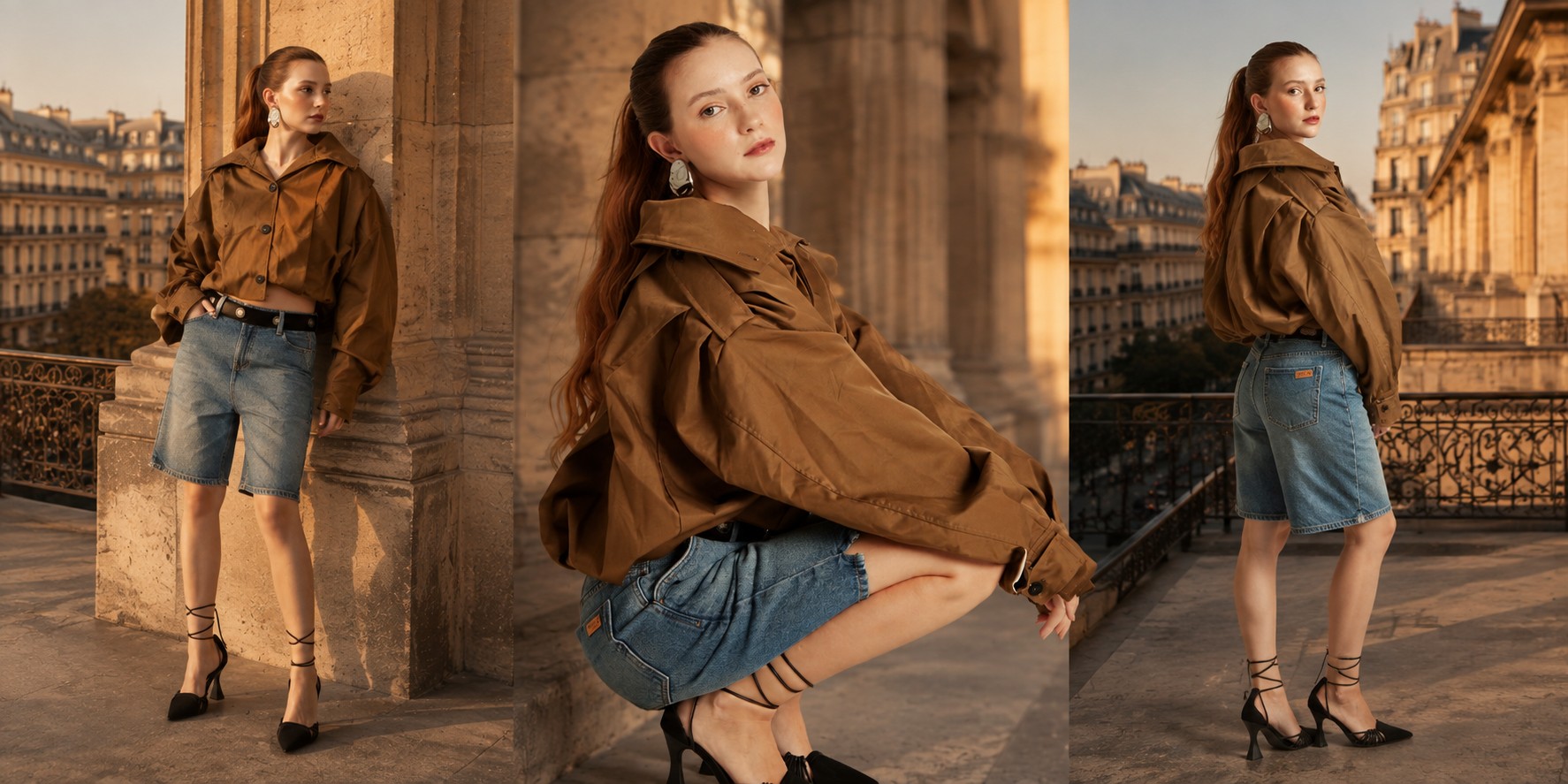 Modelo com jaqueta oversized caramelo e bermuda jeans em ensaio da Coleção Lumière da Branca Boutique em Paris