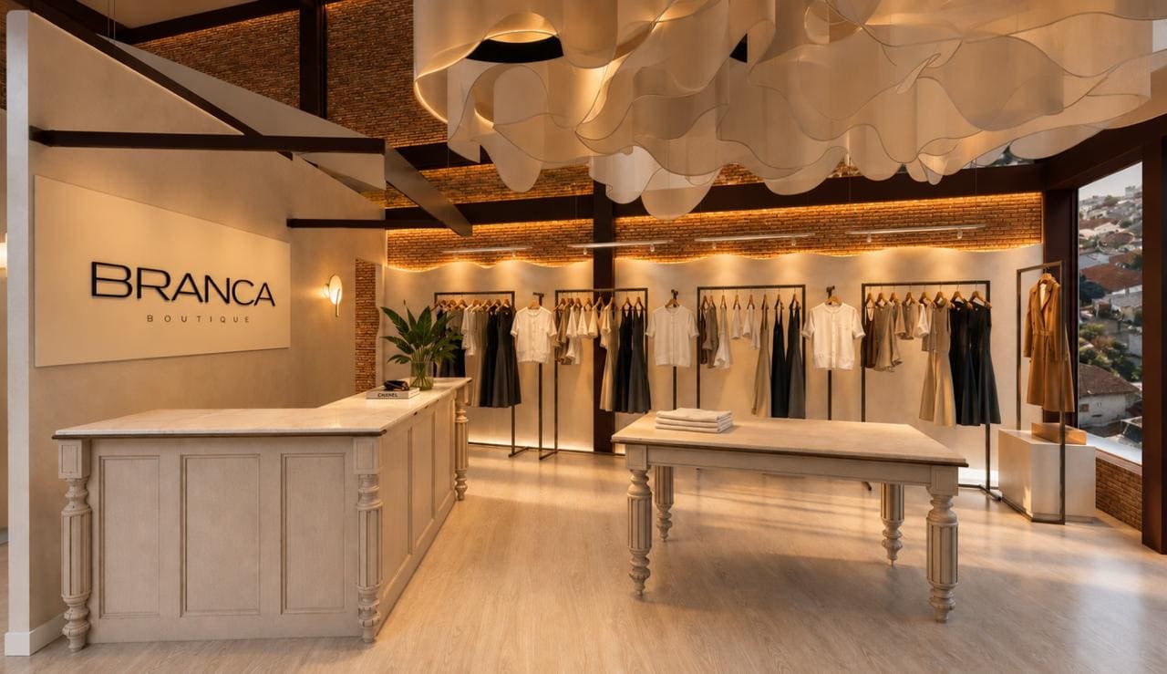 Interior loja Branca Boutique Itaipava Petrópolis logo letreiro balcão araras roupas teto orgânico mesa central vista montanhas