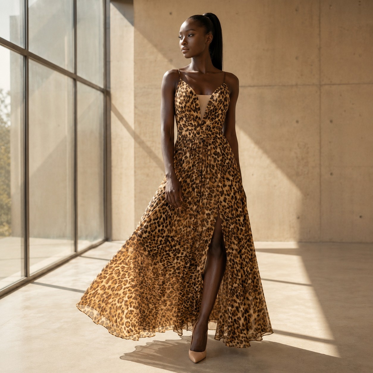 Vestido longo animal print onça fenda look por ocasião elegante modelo Branca Boutique
