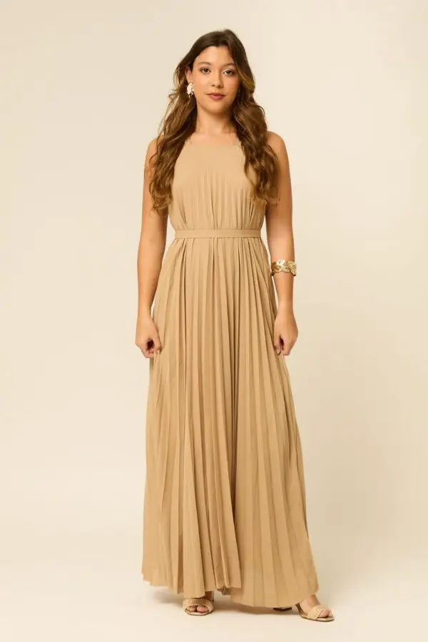 Vestido Plissado Bege