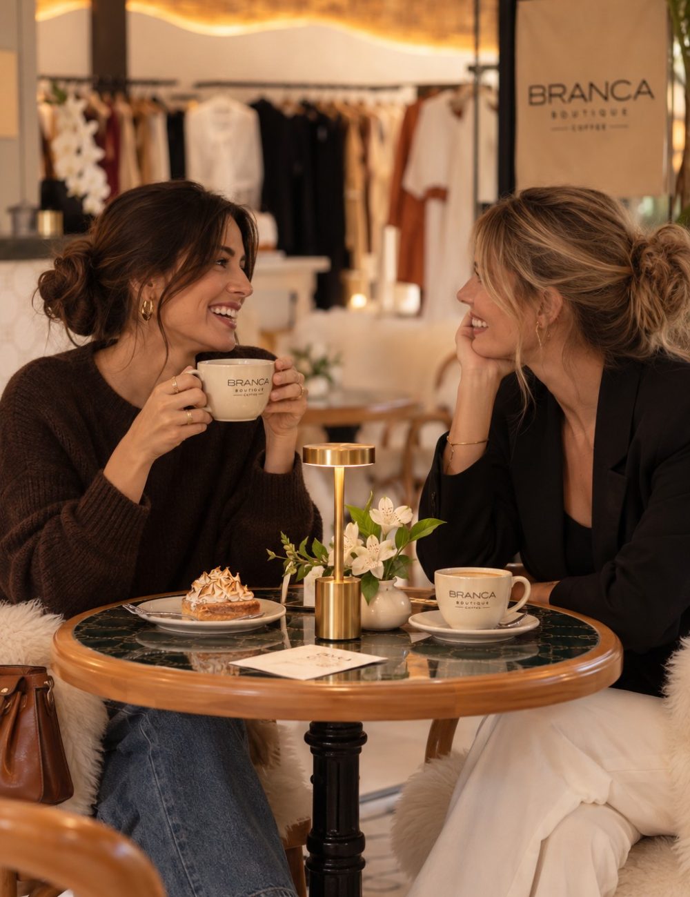 Duas amigas tomando café no evento Branca Boutique Coffee em Itaipava